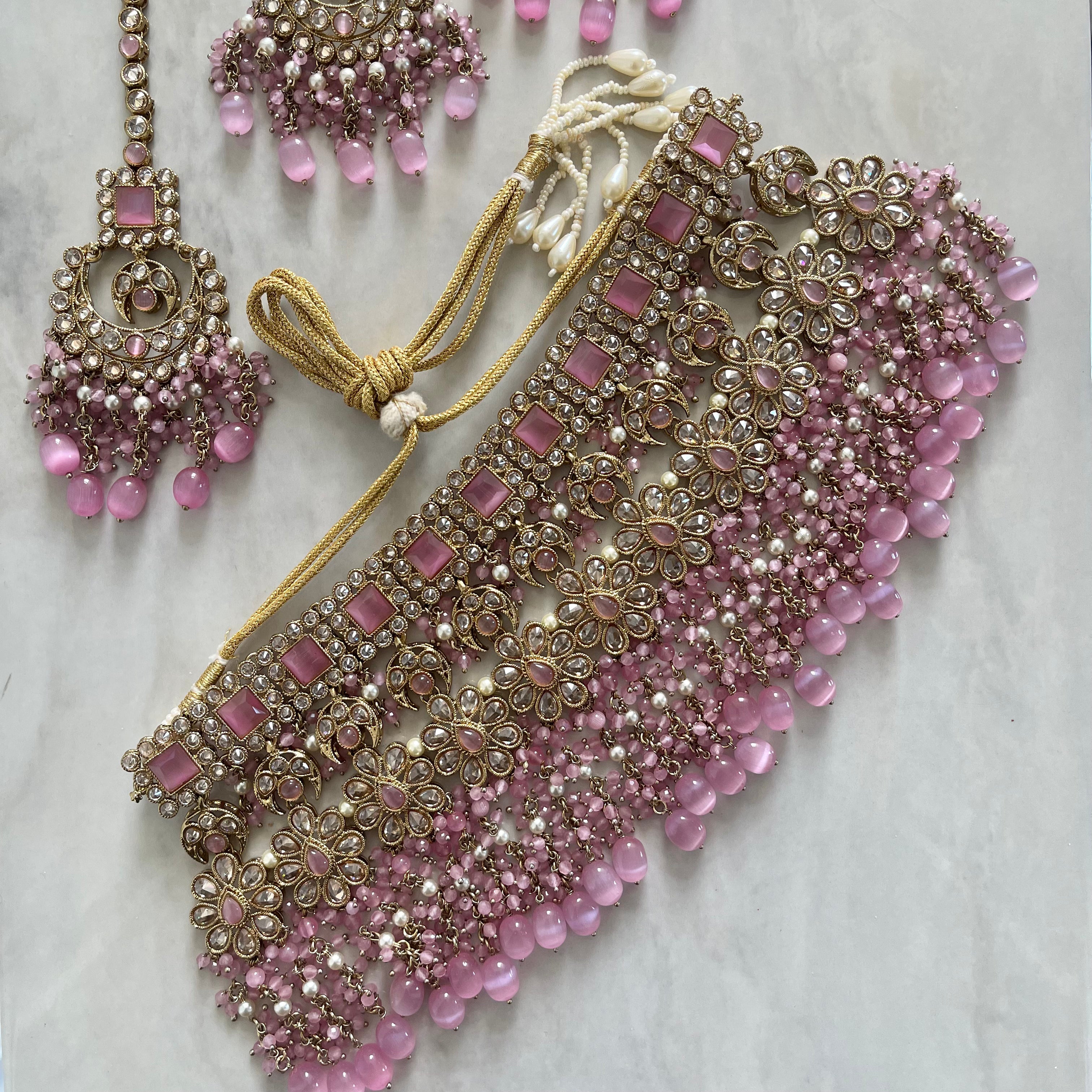 Pink Antique Gold Polki Bridal Choker Necklace Set With Jhumka -  Israel