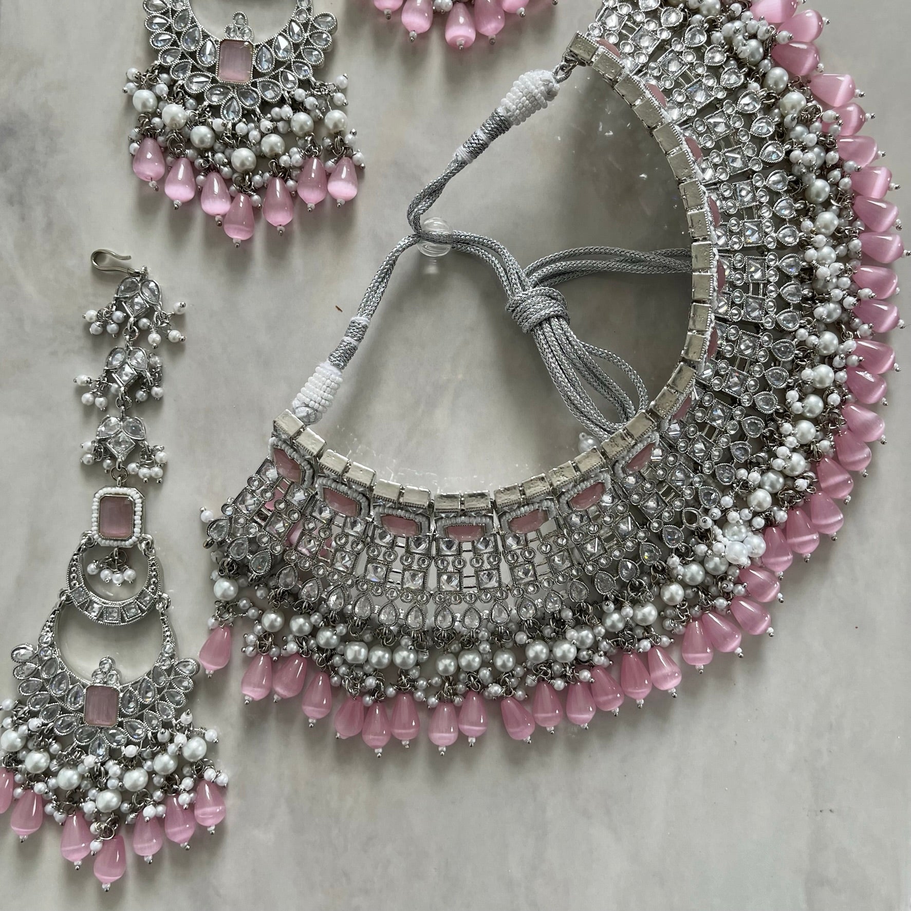 Aafiya Bridal Double Necklace Set Silver Pink -  Finland
